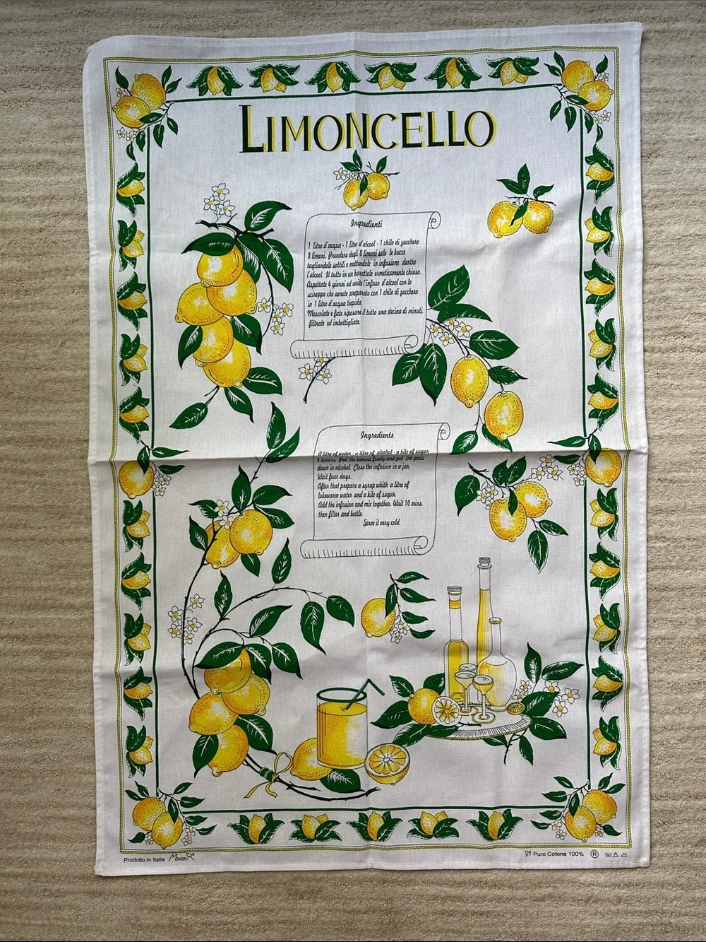NWOT Lemon Tea Towel Italy Cotton LIMONCELLO MonveniR 22” X 34” Vintage Italian